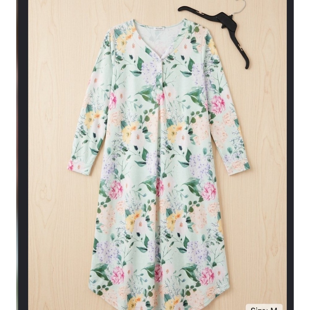Cottagecore Womens Floral Henley Nightgown Mint Green Long Sleeve Sleepwear 3XL